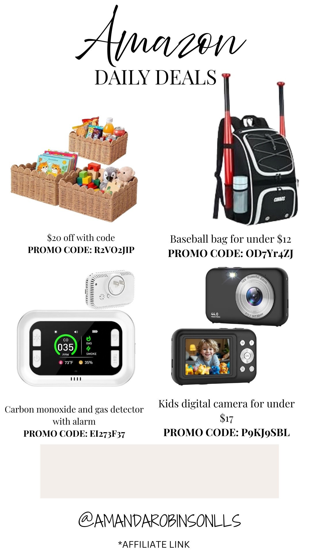 Amazon daily deals
Wicker baskets
Baseball bag
Carbon monoxide and gas detector 
Kids digital camera 

#LTKHome #LTKSaleAlert #LTKKids