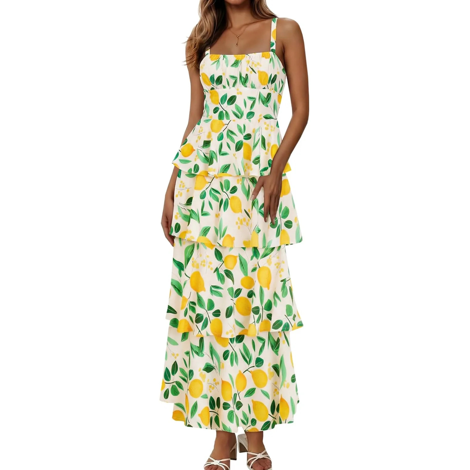 Spaghetti Strap Womens Floral Print Maxi Dresses Casual Sleeveless Ruffle Flowy Tiered Dress | Walmart (US)