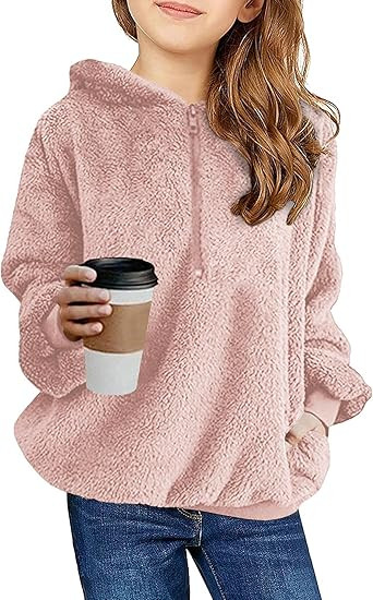 Ofenbuy Kids Girl's Fuzzy Hoodies Zipper Warm Loose Sherpa Hooded Sweatshirt Pullover With Pocket... | Amazon (US)
