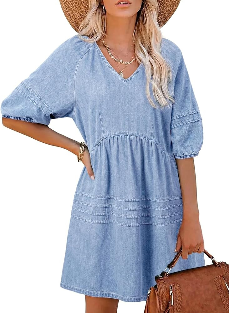Dokotoo Womens Denim Dress Casual V Neck 3/4 Length Puff Sleeve Back Tie A Line Summer Dresses wi... | Amazon (US)