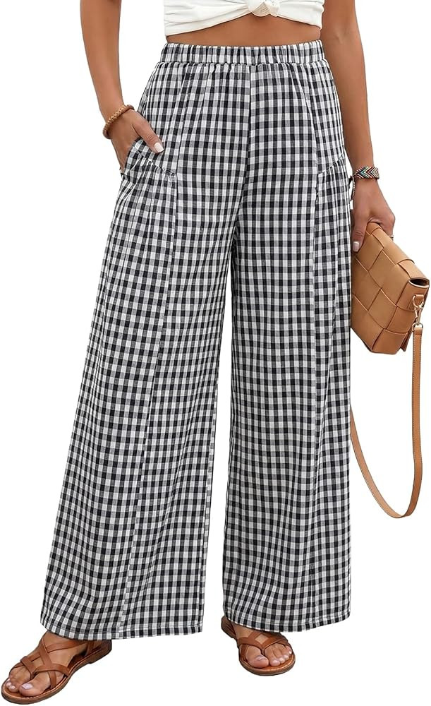 EVALESS Women's Wide Leg Palazzo Pants Casual Elastic High Waisted Cotton Gingham Plaid Culottes ... | Amazon (US)