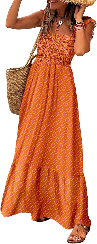 LOLONG Maxi Dress for Women Summer Boho Spaghetti Strap Square Neck Ruffle Beach Sun Dress | Amazon (US)