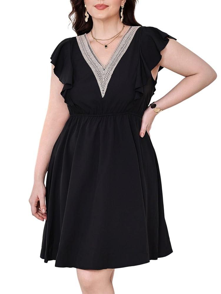 Verdusa Women's Plus Size Contrast Lace V Neck Ruffle Cap Sleeve A Line Short Dress | Amazon (US)