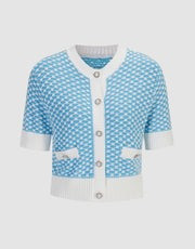 Faux Pearl Button Jacquard Contrast Trim Short Sleeve Cardigan (PRE-ORDER) | Urban Revivo