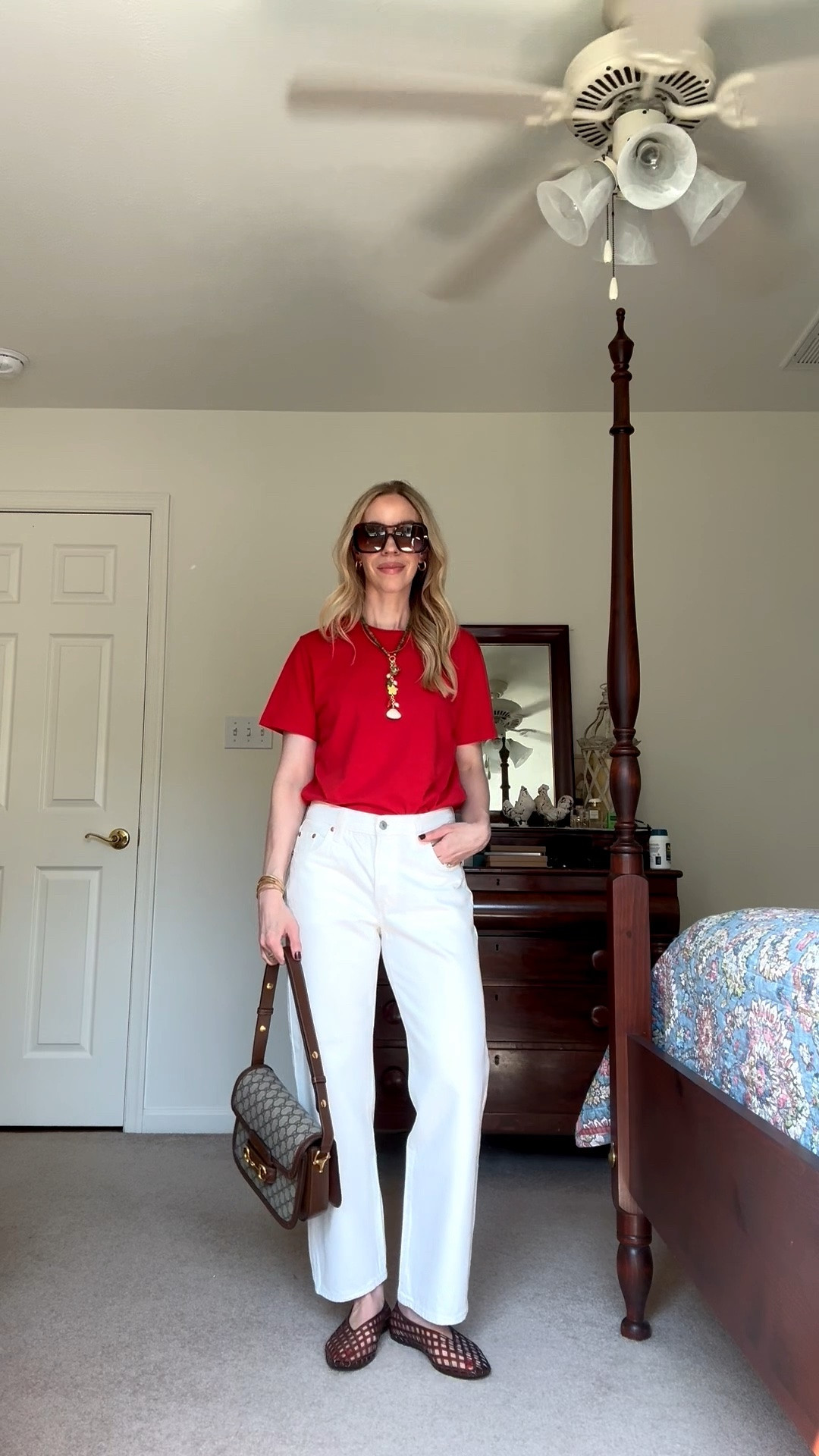 Casual summer outfit with red tee, white baggy jeans @levi, jelly shoes, shell necklace, Gucci bag

#LTKSeasonal #LTKOver40 #LTKSaleAlert