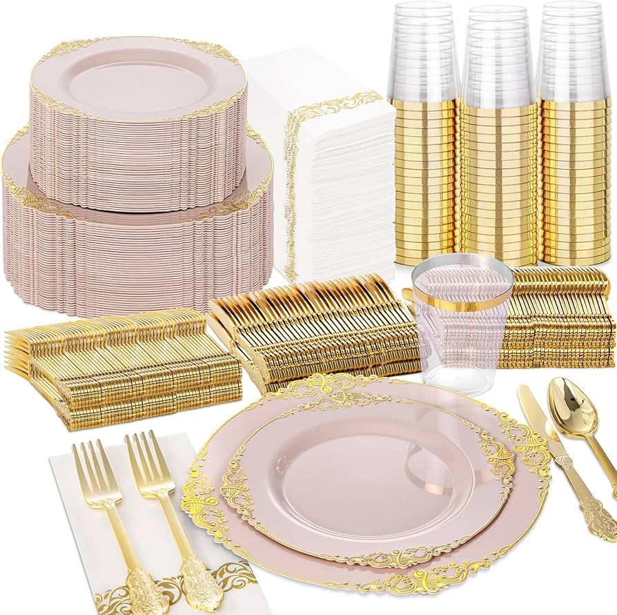 Nervure 350PCS Pink Plastic Plates - Pink Dinnerware Sets for 50 Guests - 100 Disposable Plates, ... | Amazon (US)