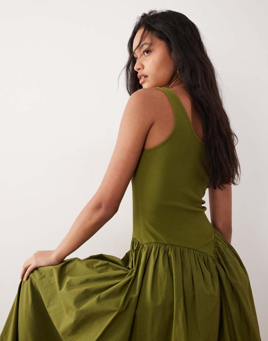 ASOS DESIGN basque waist midi dress with woven skirt in olive-Green | ASOS (Global)