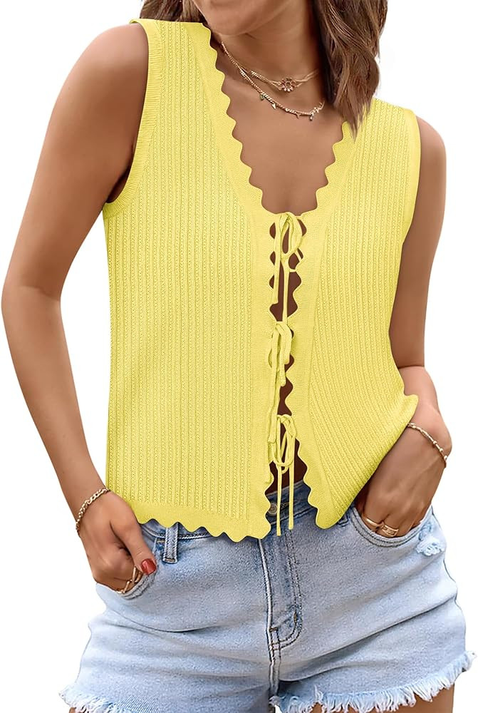 Womens Tie Front Tops Trendy 2025 Summer V Neck Sleeveless Sweater Vests Fashion Cute Crochet Kni... | Amazon (US)