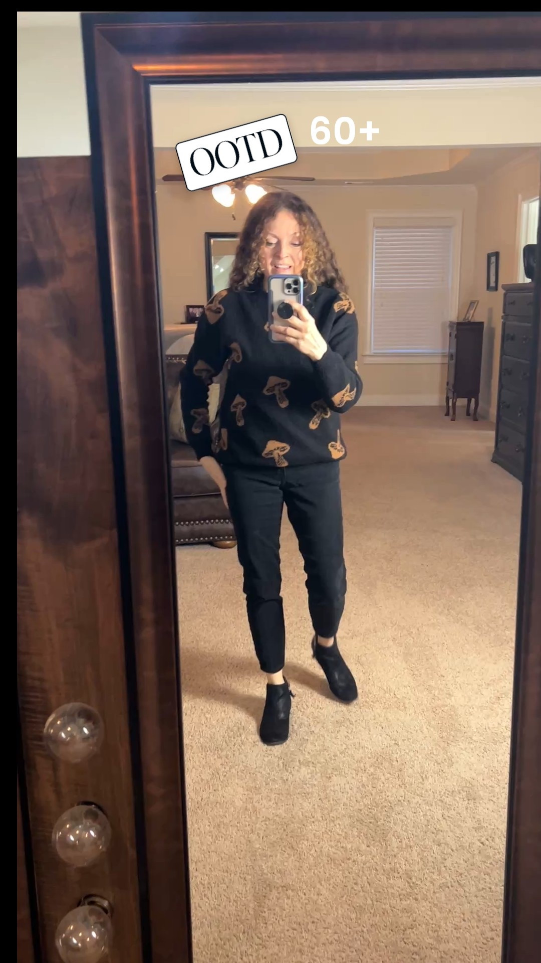 #ootd for us 60+ gals.  Pulling out the mushroom 🍄 sweater again. Although I can’t find the exact one, I’ve linked many with a similar mushroom pattern because so many of you were asking about it.

Pairing it was simple, black jeans, and booties and headed off to church. I hope you all have an amazing day!😍

#LTKFindsUnder100 #LTKOver40 #LTKootd