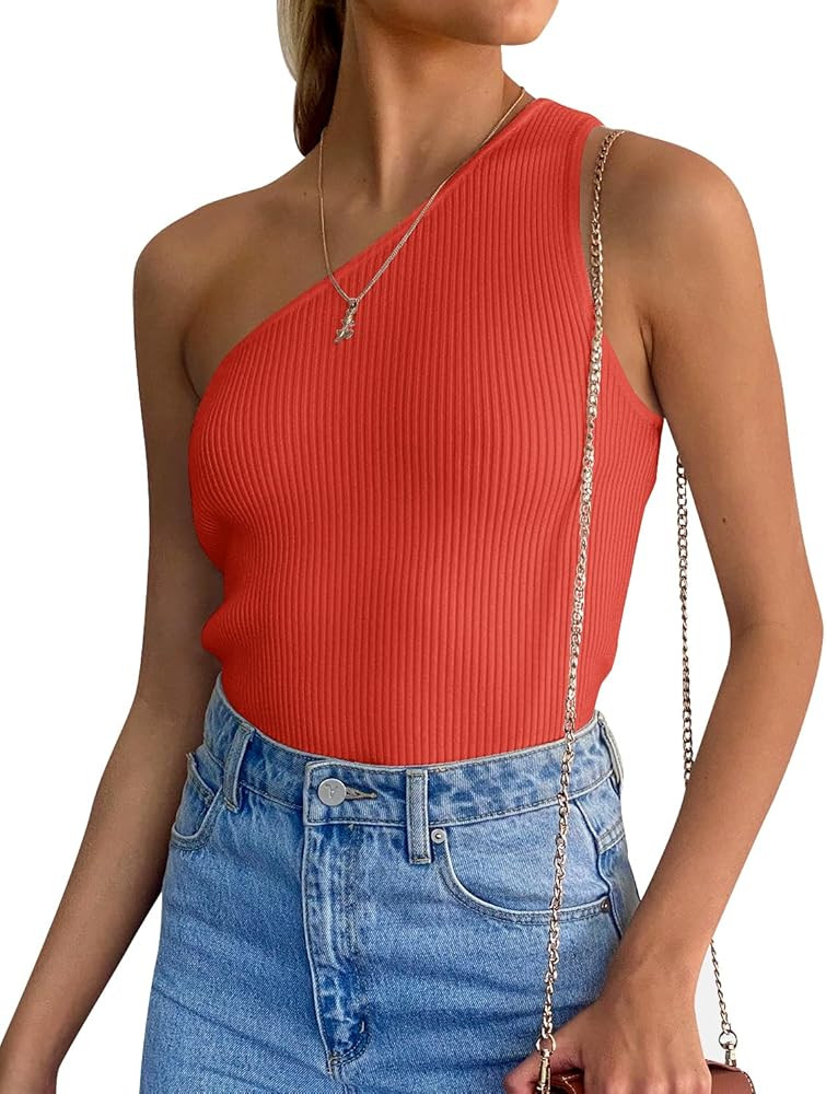 ZESICA Women's One Shoulder Tank Summer Sleeveless T Shirt Ribbed Knit Slim Fit Sexy Casual Basic... | Amazon (US)