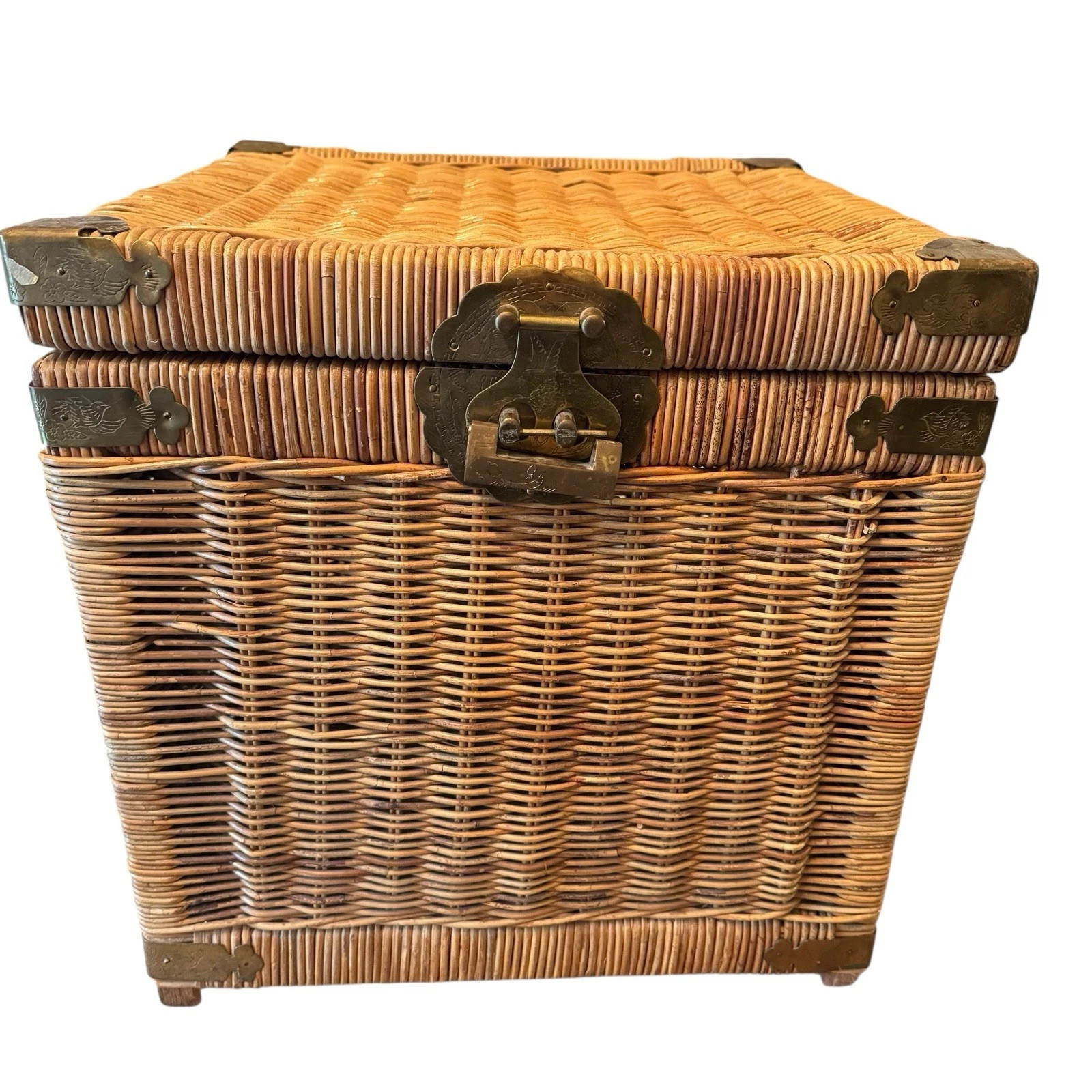 VINTAGE WICKER BRASS RATTAN CHINOISERIE STYLE TRUNK CHEST  16” CUBE BOHO | eBay | eBay US