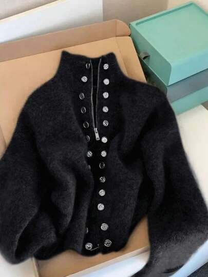 Women's Knitted Turtleneck Cardigan, Long Sleeve Ribbed Dual-Stretch Faux Button, Elegant & Fashionable For Work And Casual Wear, Spring/Autumn/Winter | SHEIN