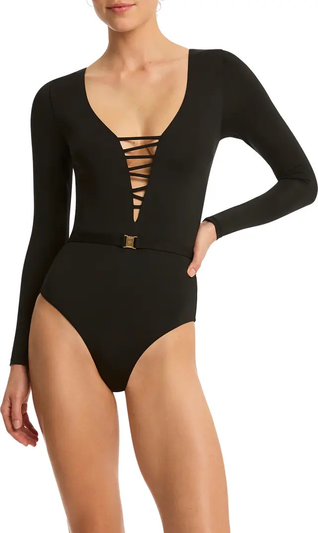 Sea Level Lattice Long Sleeve One-Piece Rashguard Swimsuit | Nordstromrack | Nordstrom Rack