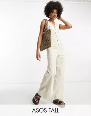 ASOS DESIGN Tall linen look button through jumpsuit in oatmeal | ASOS (Global)
