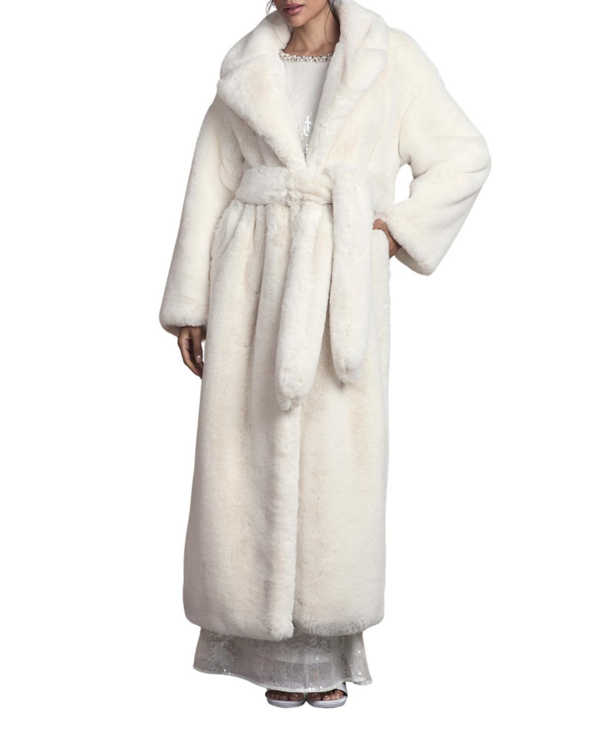 Coast Women's Occasion Belted Longline Fur Coat - Ivory | Macy's