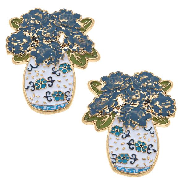 Sofia Enamel Hydrangea Ginger Jar Stud Earrings in Blue & White | CANVAS