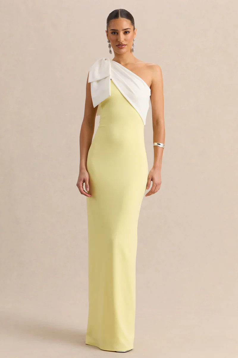 Adara  Lemon & White Asymmetric-Neck Maxi Dress With Bow-Detail | Club L London