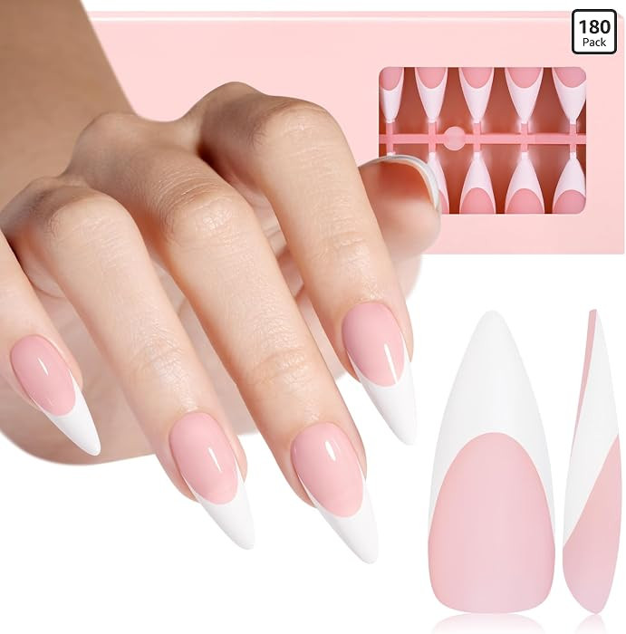 AILLSA French Gel Nail Tips, 180 Pcs French Tip Press On Nails Long Almond Pink, Pre-Applied Prim... | Amazon (US)
