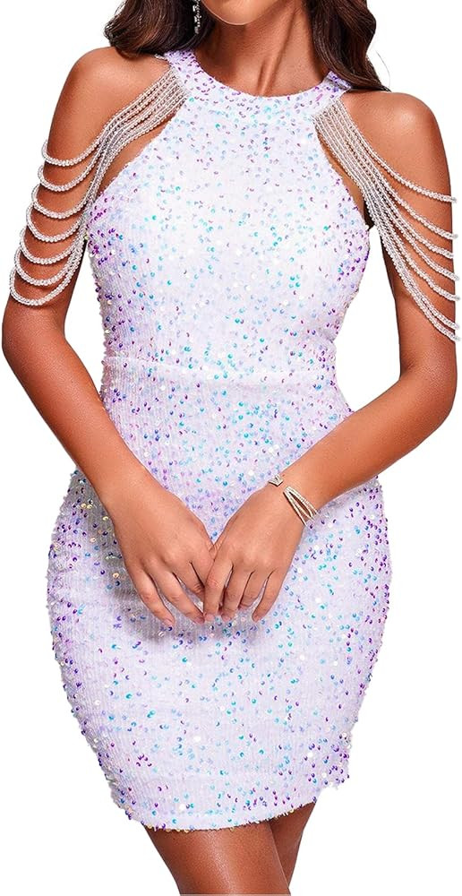 BELLA BARNETT Evening Dress Stunning Mini Dress Halter Sequin Dress Tassel Formal Dress Bodycon P... | Amazon (US)