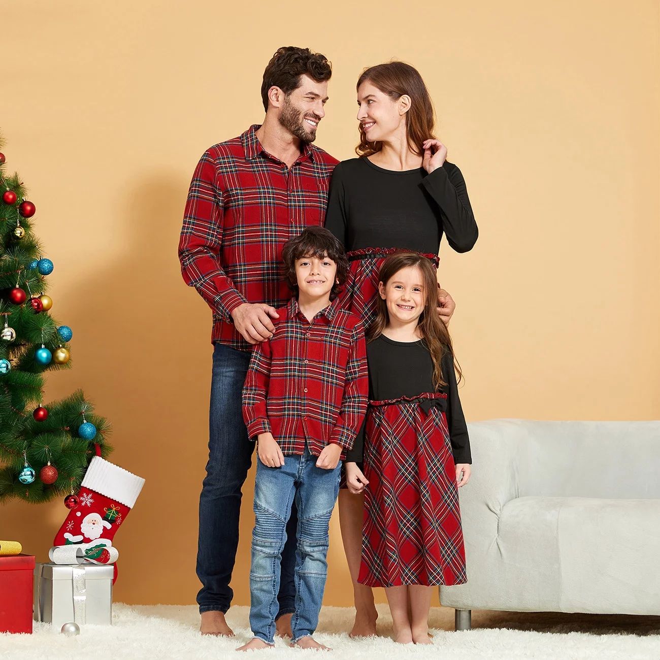 Christmas Red Plaid Family Matching Outfits Set,Mommy and Me Black Splicing Midi Dress Mens Lapel... | Walmart (US)