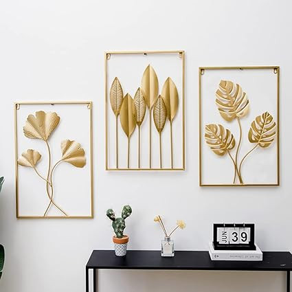MAIKAILUN 3 Pack Gold Metal Wall Art for Living Room, Large Leaf Frame Accent Leaves Wall Decor H... | Amazon (US)