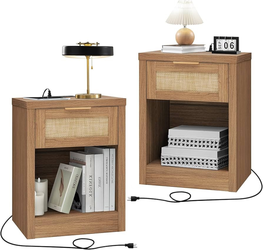 Nightstand Set of 2, Rattan Night Stand with Type-C Charging Station, Bedside Table with Drawer, ... | Amazon (US)