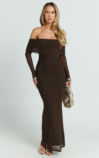 Bethanie Maxi Dress - Off The Shoulder Mesh Dress in Chocolate | Showpo (US, UK & Europe)