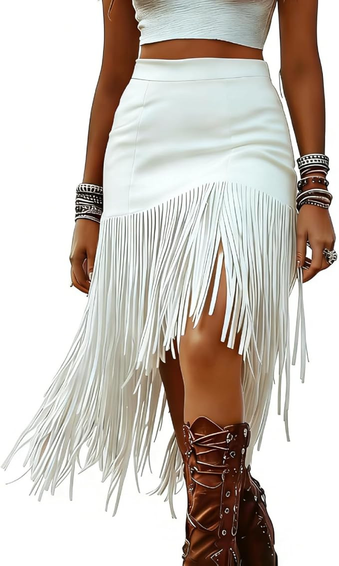 Women Fringe Skirts, Asymmetric Fringe Western Faux Suede Tassel Skirt Cowlgirl Short Skirts | Amazon (US)