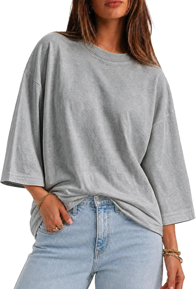 Flowyair Womens Oversized T-Shirt3/4 Sleeve Boxy Tops Crew Neck Shirts Grey | Amazon (US)