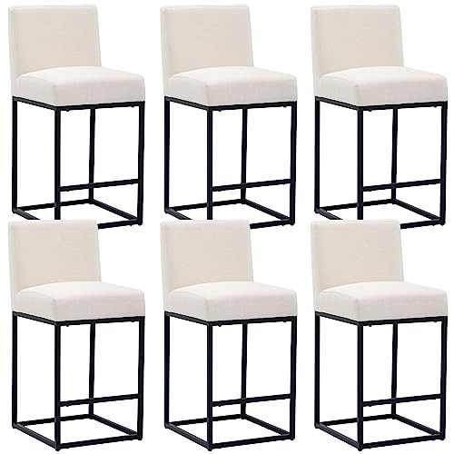 HNY Modern Counter Height Bar Stools Set of 6, Linen Upholstered Kitchen Island Stools with Backrest, 27 Inch Bar Stools with Black Metal Frame, Cream | Amazon (US)