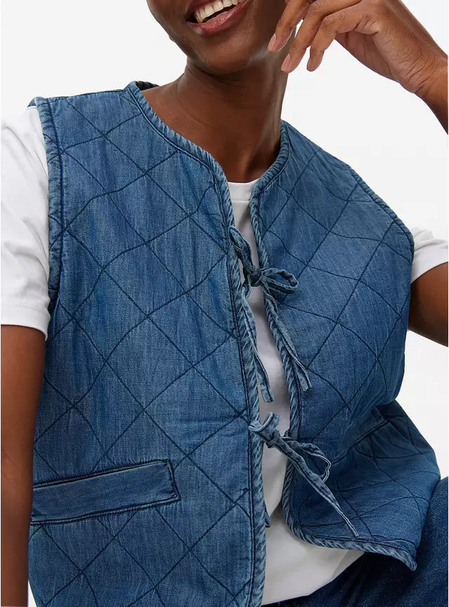 Denim Look Tie-Front Quilted Waistcoat M | Tu Clothing