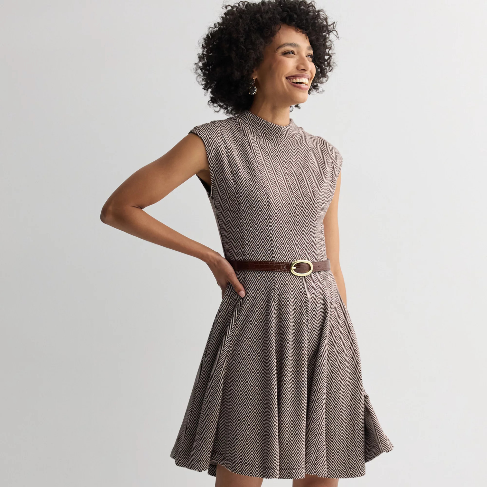 Women's Taylor Belted Chevron Jacquard Fit & Flare Mini Dress | Kohl's