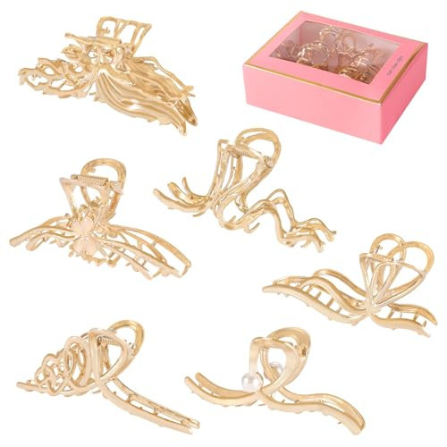 LUKACY 6 Pack Large Metal Hair Claw Clips - 4 Inch, Perfect Big gold Jaw hair clamps for Women and Thinner, Thick hair styling,Strong Hold, Fashion Hair Accessories (Style 5) | Amazon (US)