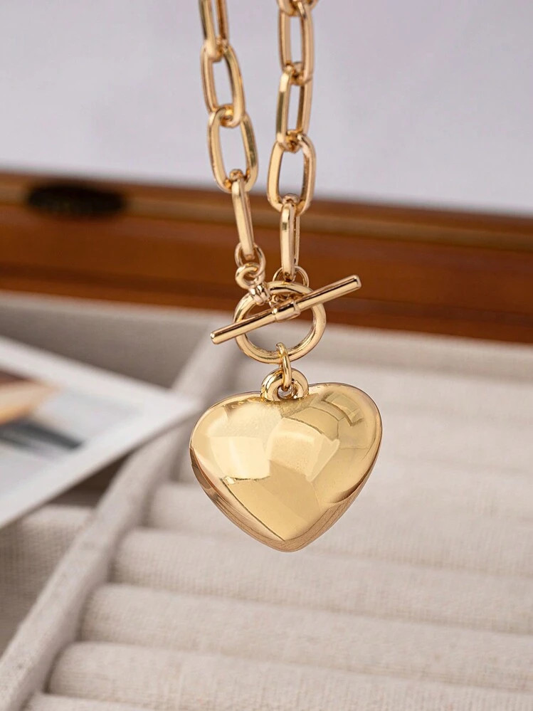 Chunky Chain OT Necklace With Large Smooth Surface Heart For Women And Girls Couple Gifts Valentine's Day Gift Gifts For Mother/ Mom/Mama | SHEIN