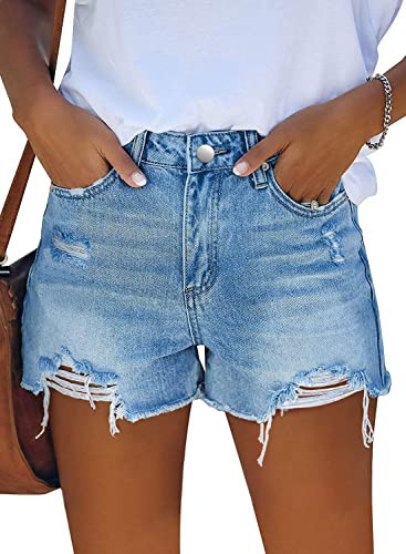 onlypuff Blue Jean Shorts for Women Denim Ripped Distressed Short Mid Rise S | Amazon (US)