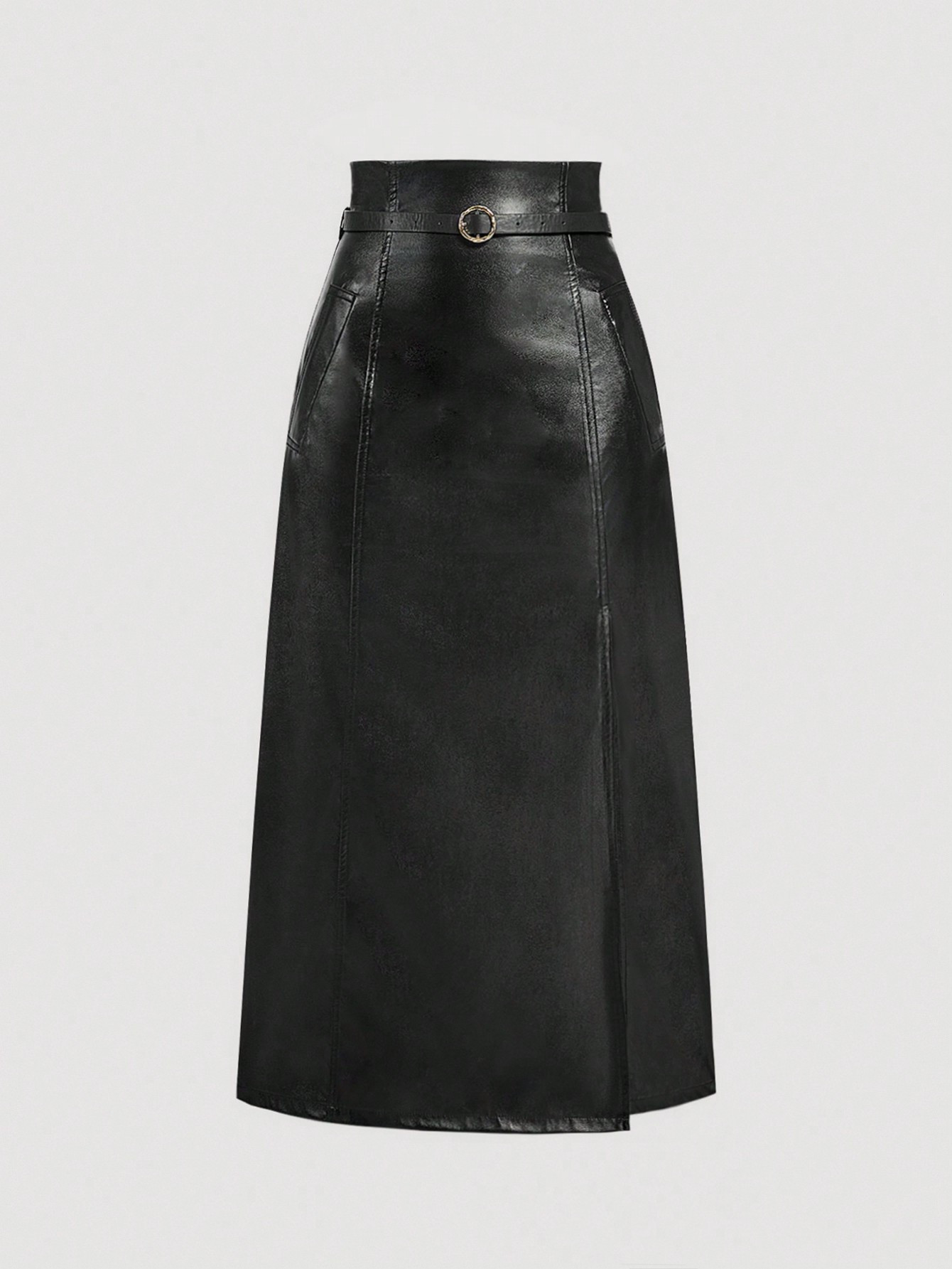 SHEIN MOD Women High Waist Cinched Waist Slit-Front Pocket PU Leather Midi Skirt, Black | SHEIN