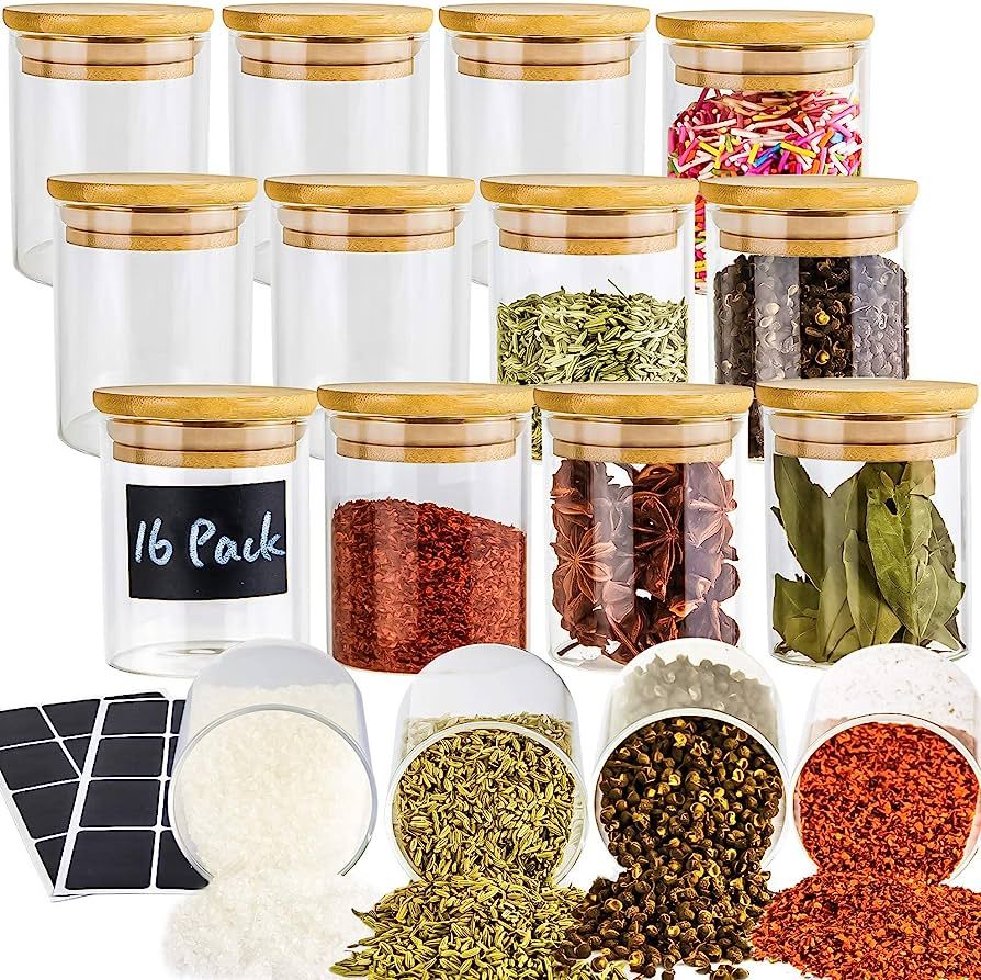 16 Pack Glass Jars with Lids, Airtight Bamboo Lids Spice Jars Set For Spice, Beans, Candy, Nuts, ... | Amazon (US)