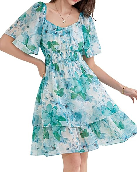 GRACE KARIN Women Summer Ruffle Short Sleeve Square Neck Flowy Tiered Smocked Swing A Line Boho F... | Amazon (US)