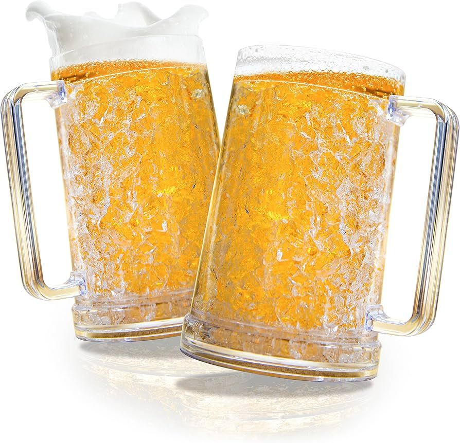 Frozen Beer Mugs For Freezer, Clear Beer Mugs Set of 2, Double Walled Beer Mugs With Handles 16oz | Amazon (US)