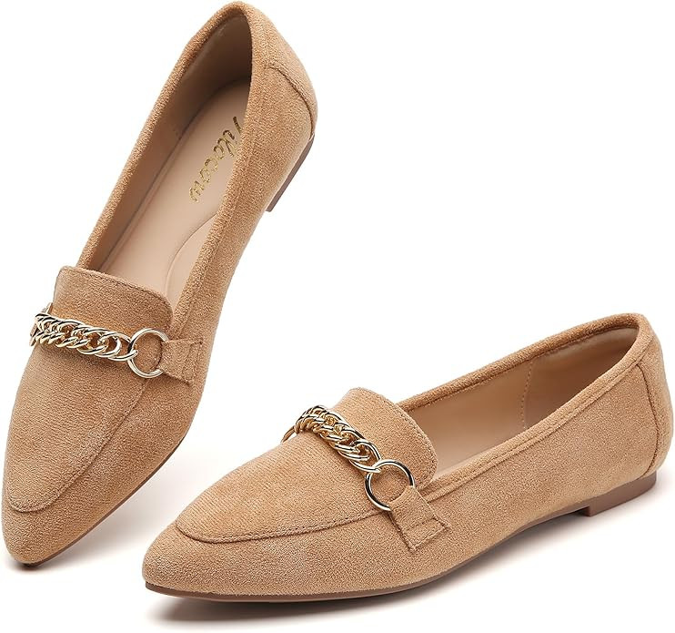 Tilocow Metal Chain Loafers for Women Pointed Toe Slip on Flats Comfortable Fashion Work Shoes | Amazon (US)
