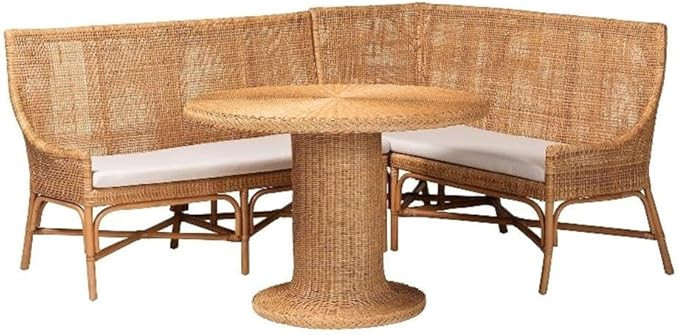 Pemberly Row Rattan 3-Piece Dining Nook Set, Light Honey Finish, Includes Round Table and 2 Corne... | Amazon (US)