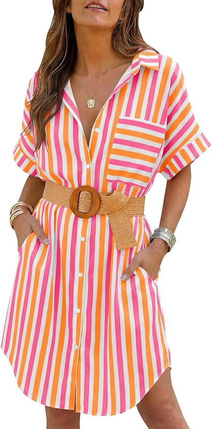 Wenrine Women's Oversized Striped Shirt Dress Casual Button Up Short Sleeve Belted Summer Midi Lo... | Amazon (US)