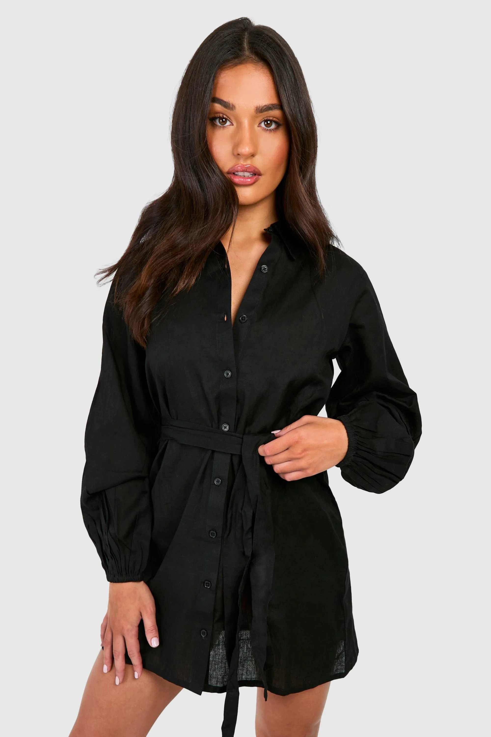 Black boohoo Petite Linen Look Belted Shirt Dress | Debenhams | Debenhams UK