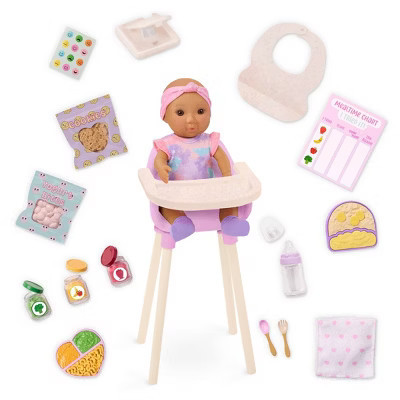 Our Generation Baby Doll Emilia & Mealtime Set with High Chair, Play Food & Accessories: Fits 8" Doll, 25 Pieces | Target