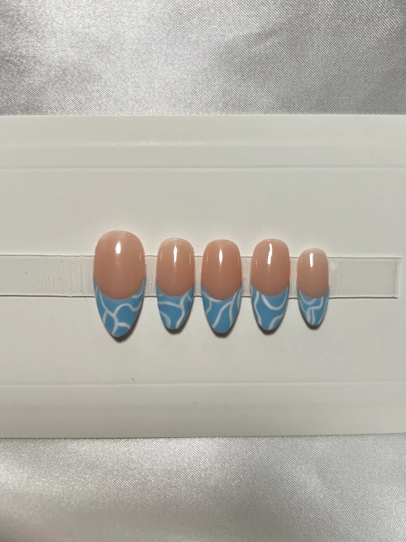 Luxury Hand Painted Press on Nails Light Blue Abstract French Tip - Etsy | Etsy (US)