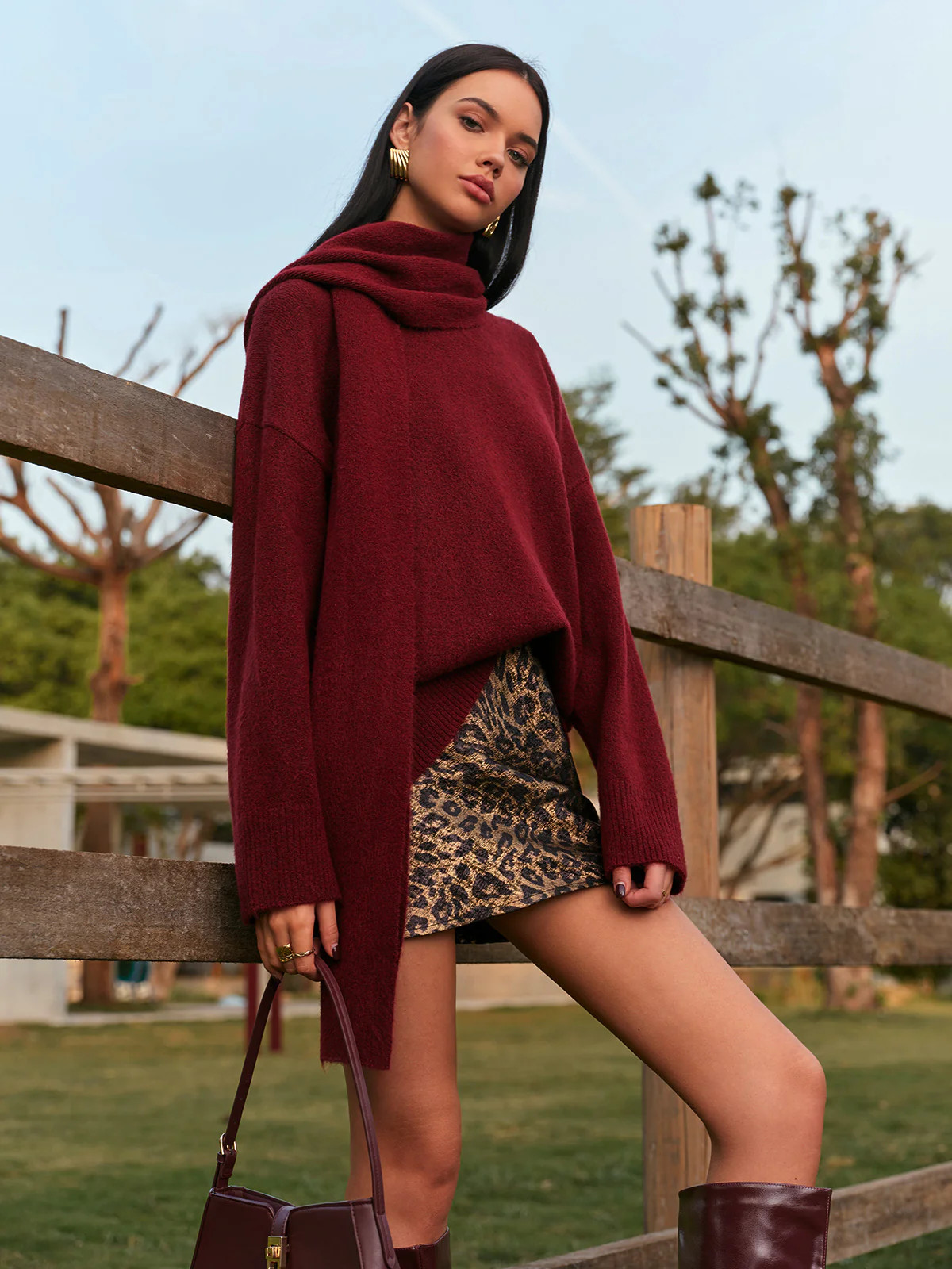 Plain Shift Sweater With Scarf | Commense