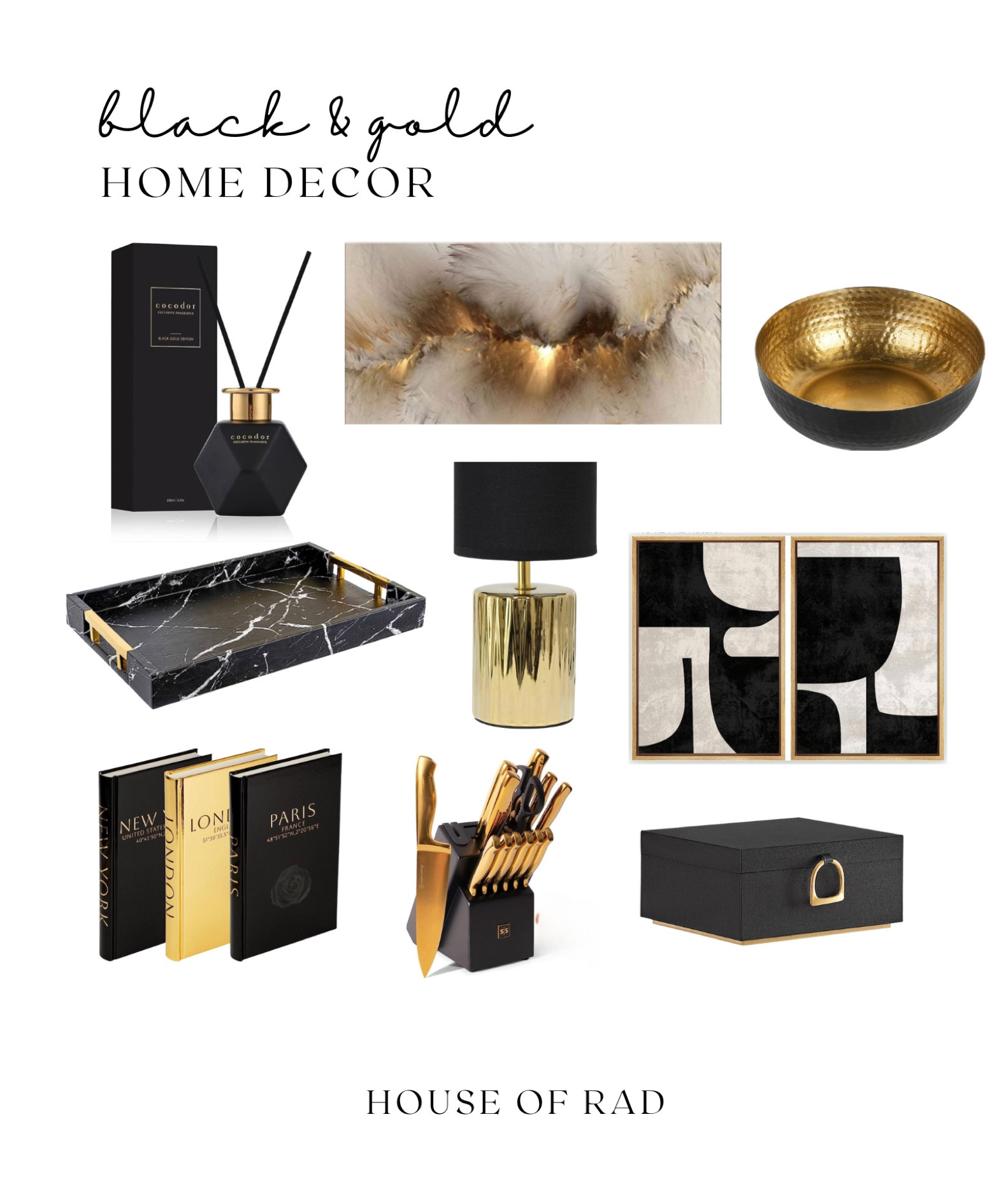Black and gold home decor
Black and gold table lamp
Black and gold bowl
Black air diffuser
Black and gold book stack
Black and gold coffee table books
Black and gold knife block
Black and gold wall art
Black and white wall art
Black marble tray


#LTKhome