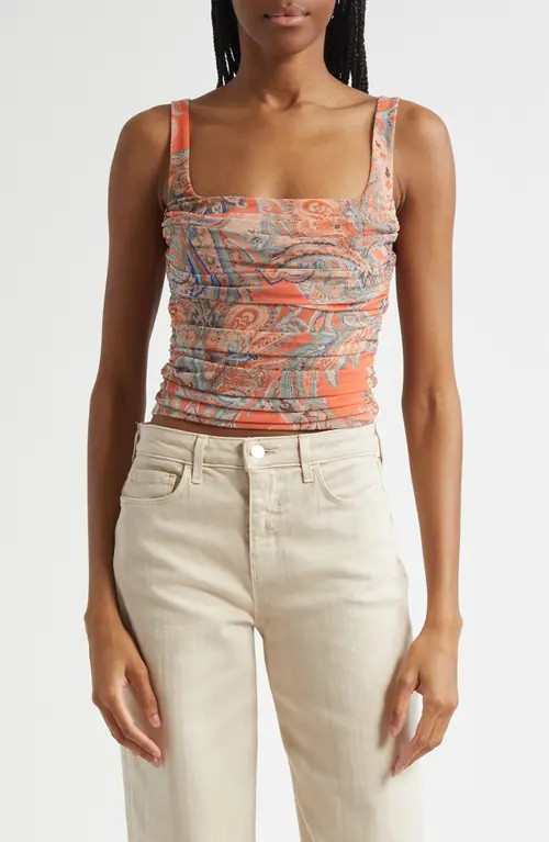 L'AGENCE Rasha Paisley Ruched Mesh Tank in Orange/Light Blue Paisley at Nordstrom, Size X-Small | Nordstrom