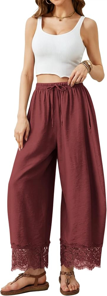 IWH Cropped Lace Trim Pants Women Wide Leg Barrel Silk Bottom Petite Length | Amazon (US)