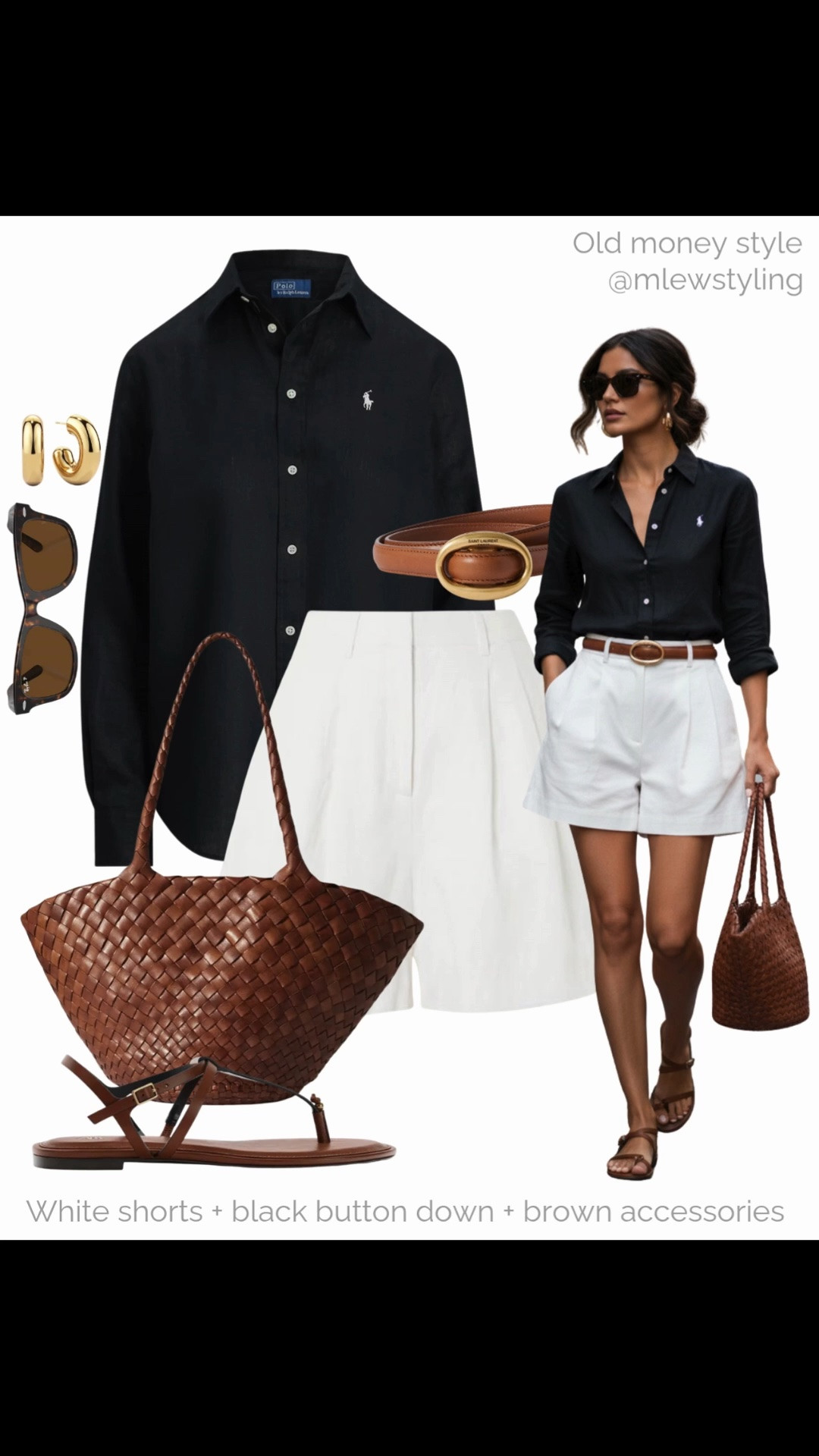 Old money summer style ✨

Tags: elevated summer outfit, white pleated shorts, dragon diffusion tote bag, leather sandals, rayban wayfarer sunglasses, ysl brown belt, mejuri gold hoop earrings, neutral outfit formula, capsule wardrobe